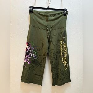 Ed Hardy Olive Green Graphic Capri Sweatpants with Tattoo Print